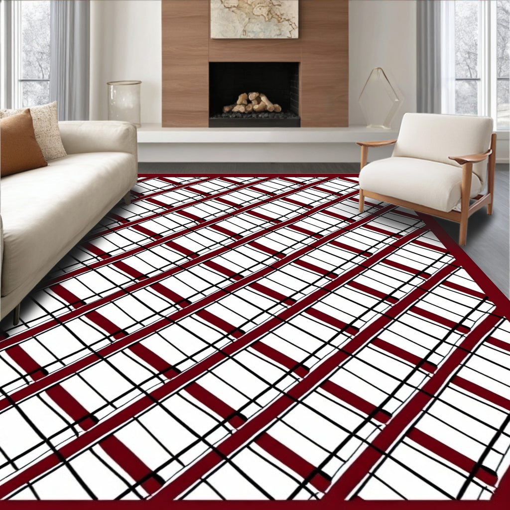 Crimson Black White Diagonal Plaid Rug