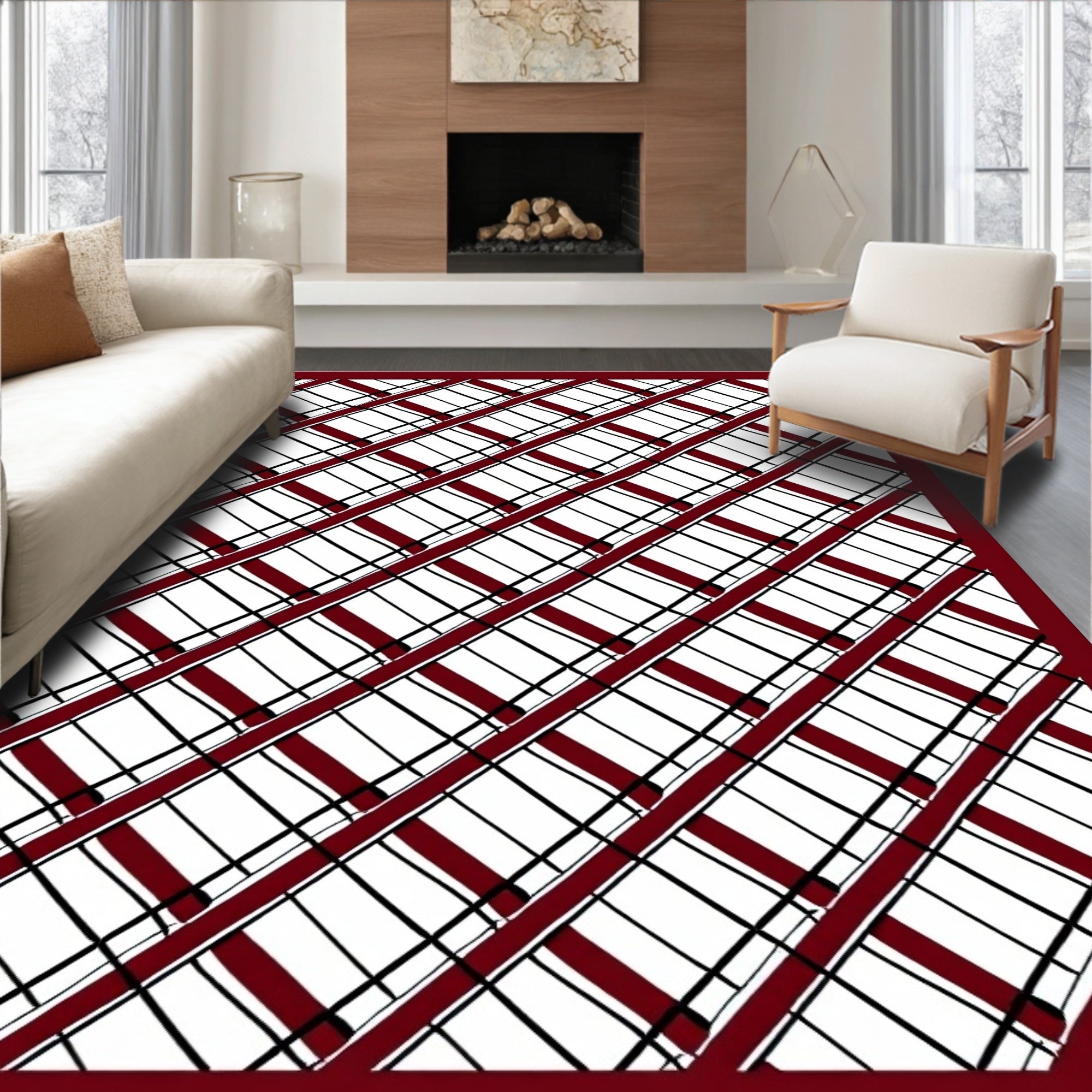 Crimson Black White Diagonal Plaid Rug