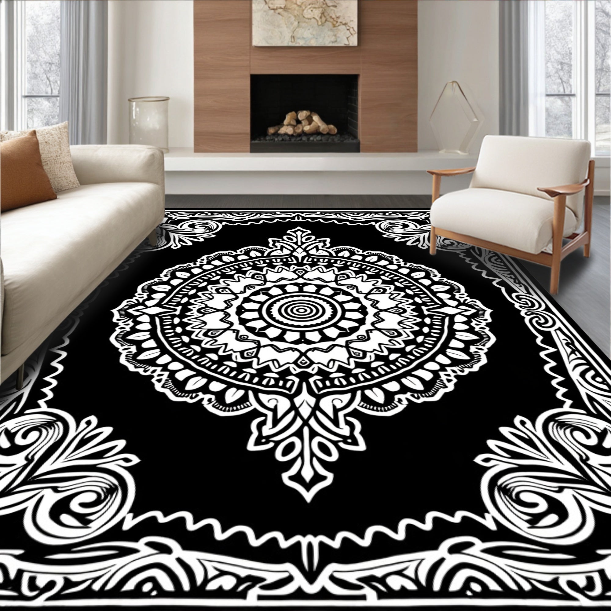 Monochromatic Floral Mandala Art Rug