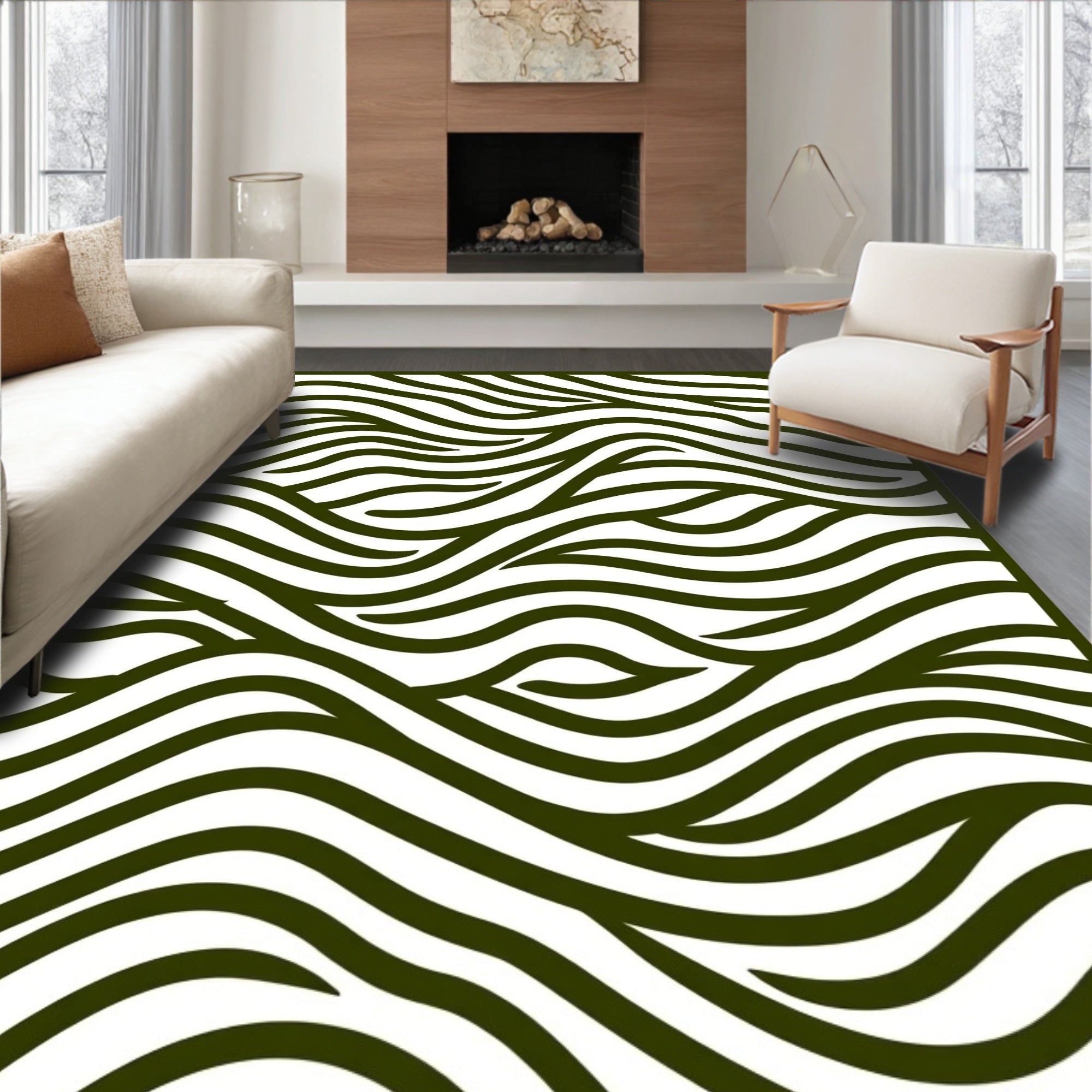 Dark Green Wavy Striped Landscape Rug