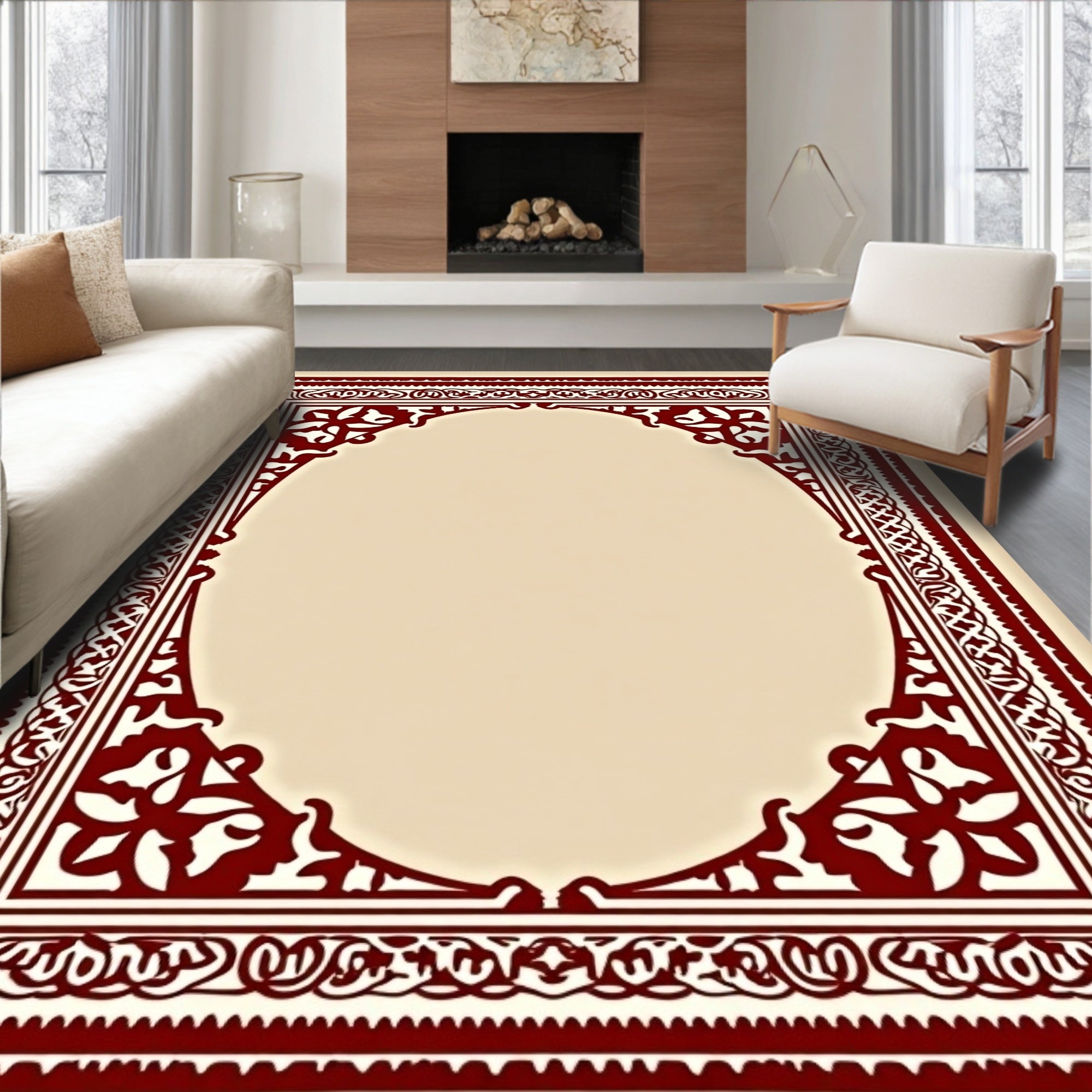 Ornate Burgundy Floral Arched Frame Rug