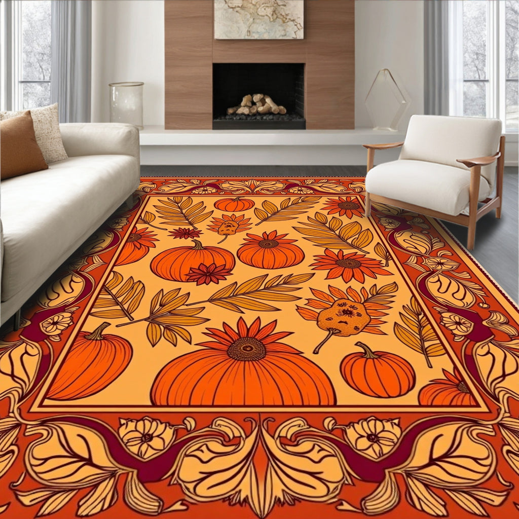 Whimsical Orange Pumpkin Floral Border Rug