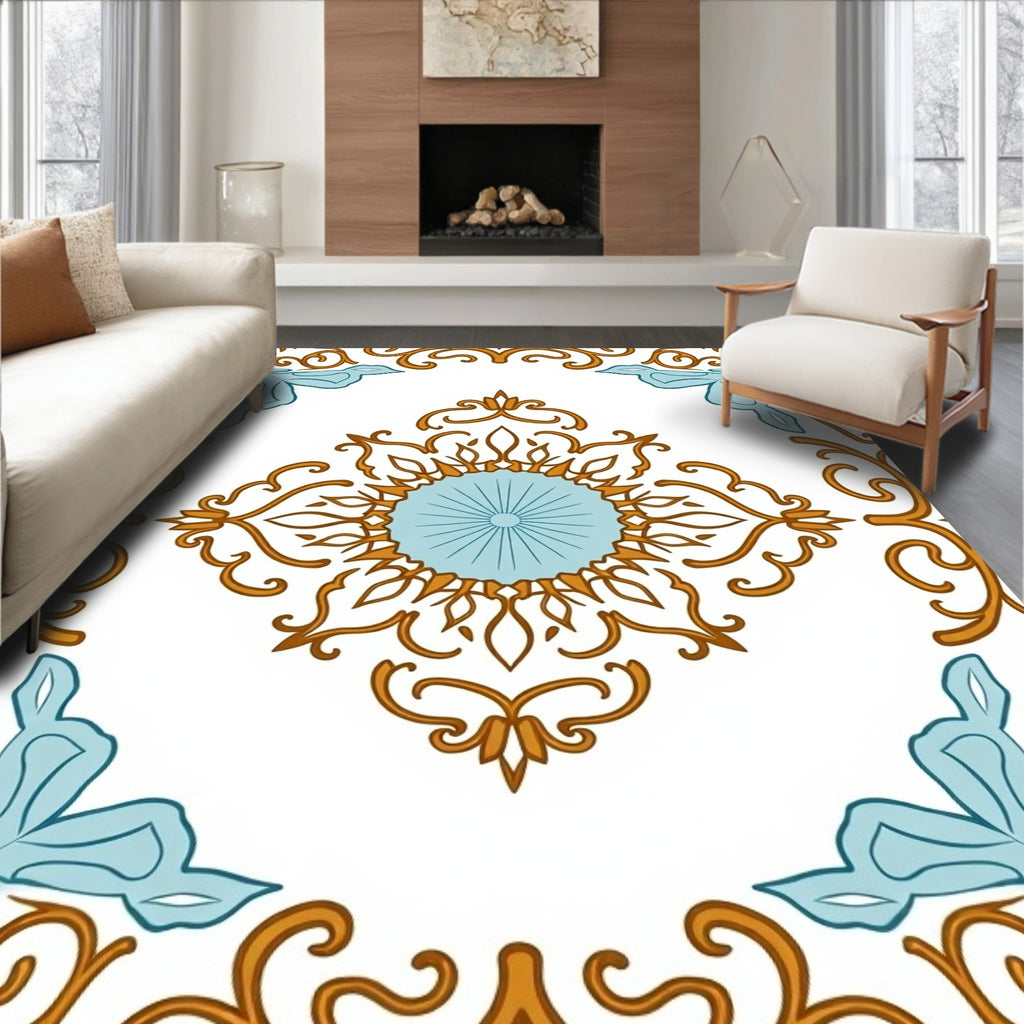 Ornate Blue Gold Scrollwork Tile Rug