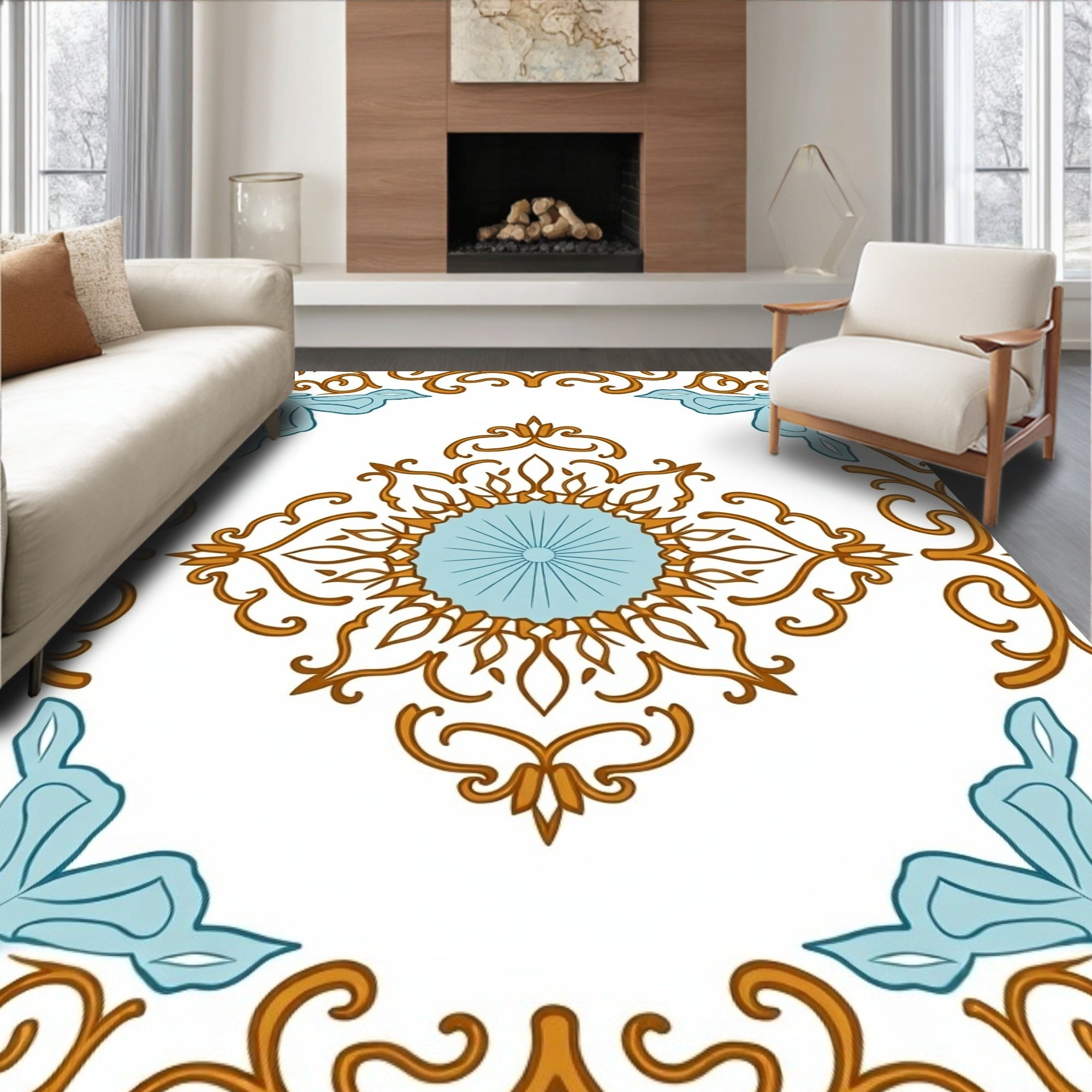 Ornate Blue Gold Scrollwork Tile Rug