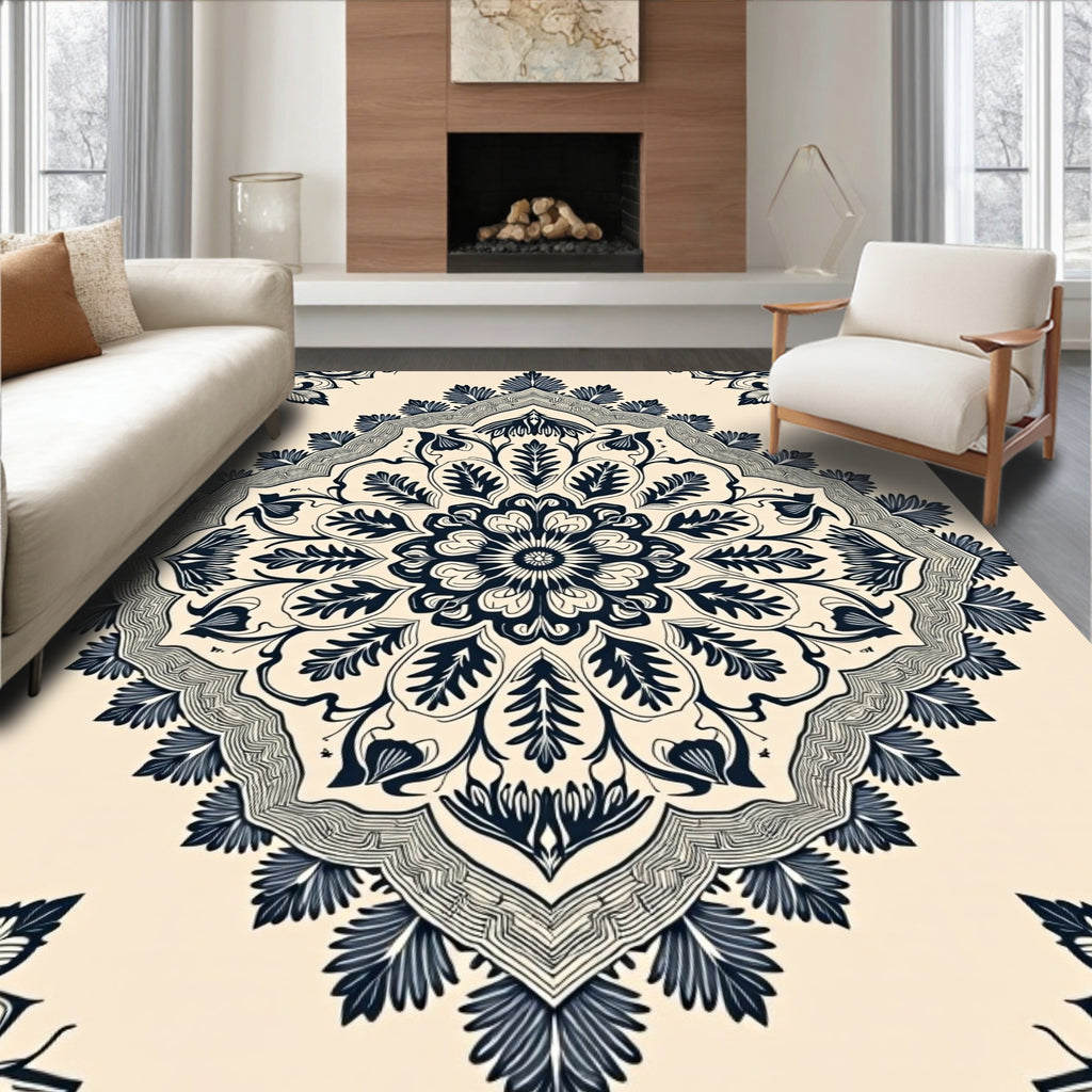 Creamy Navy Floral Mandala Rug