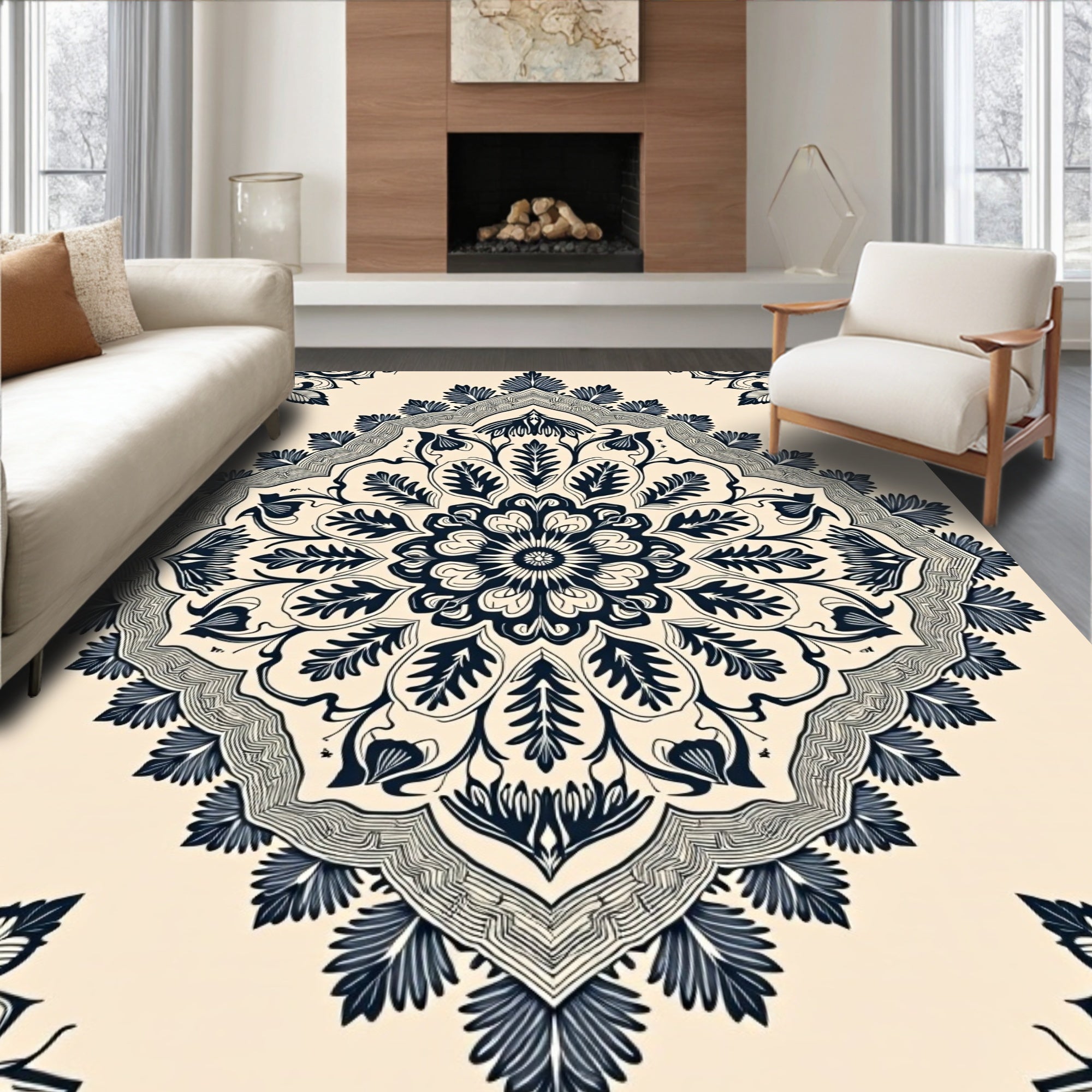 Creamy Navy Floral Mandala Rug