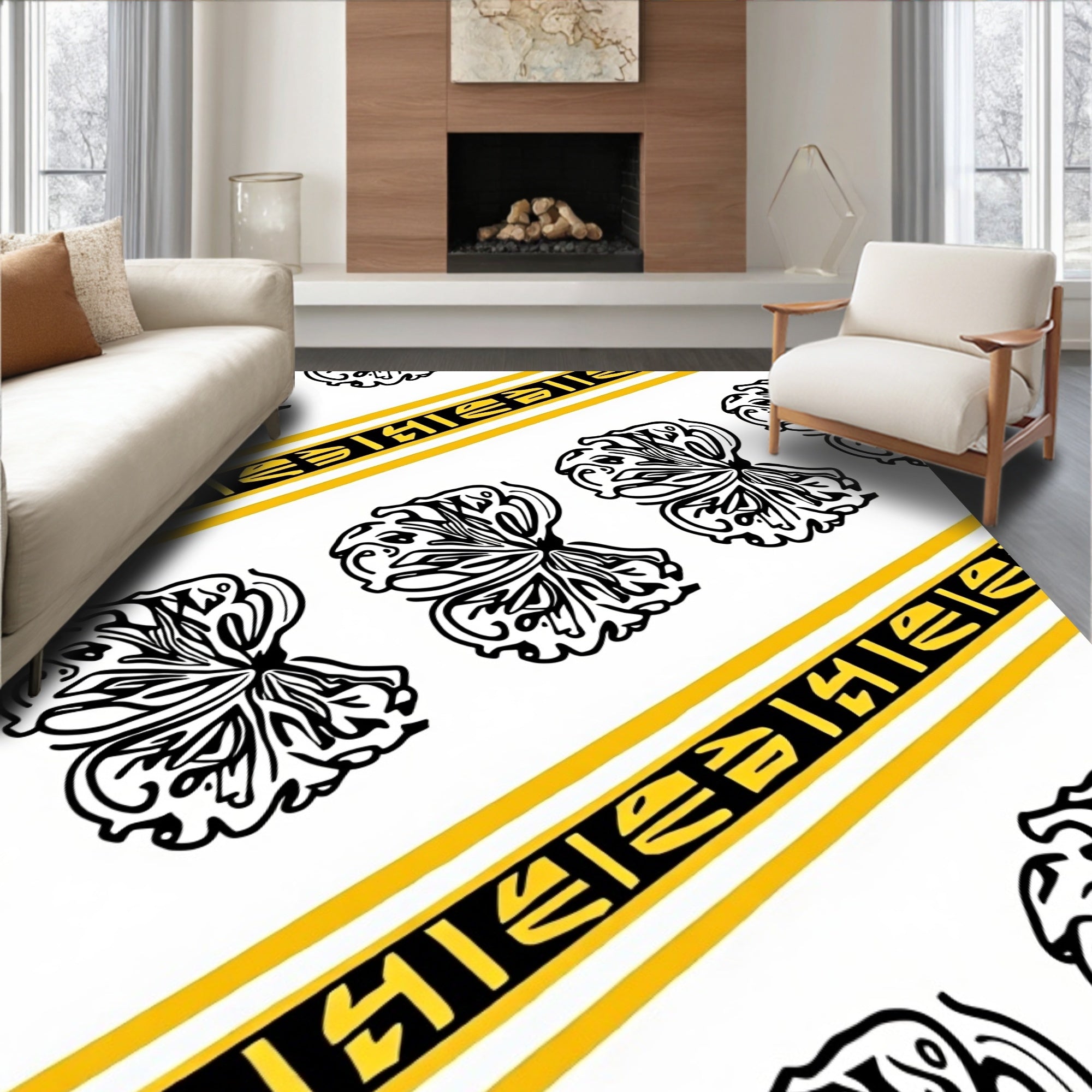 Abstract Black Butterfly Yellow Stripes Rug