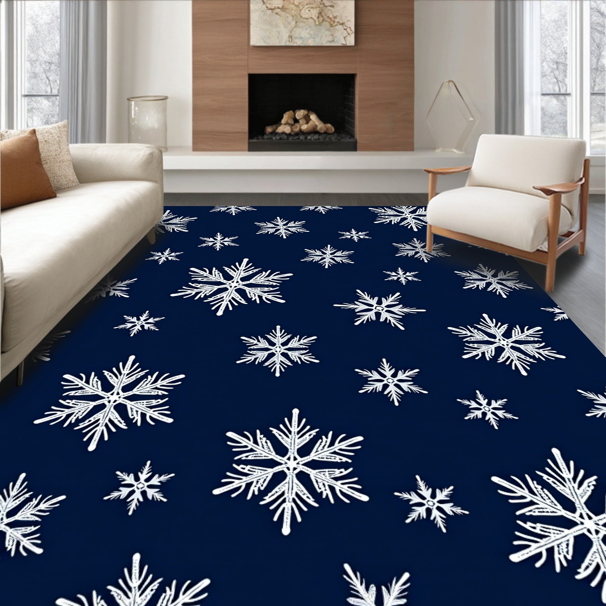 Winter Snowflakes Navy Blue Rug