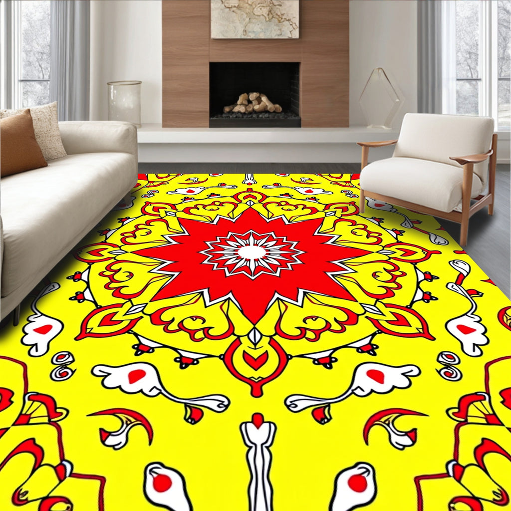 Bright Red Yellow Floral Sunburst Rug