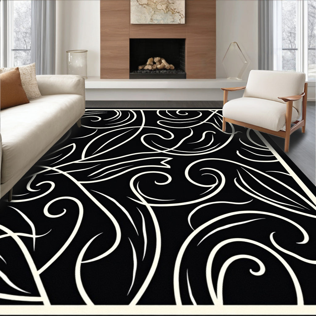 Black and Cream Swirling Floral Vine Rug