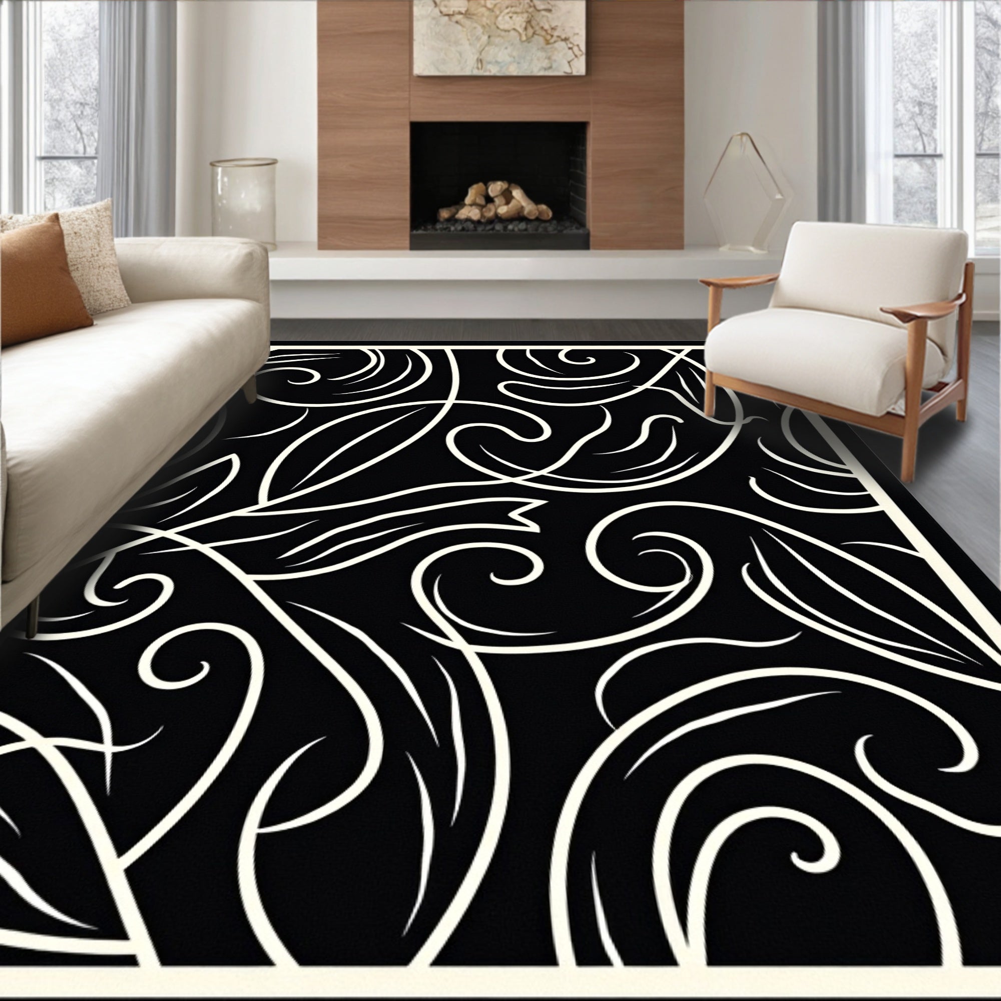Black and Cream Swirling Floral Vine Rug