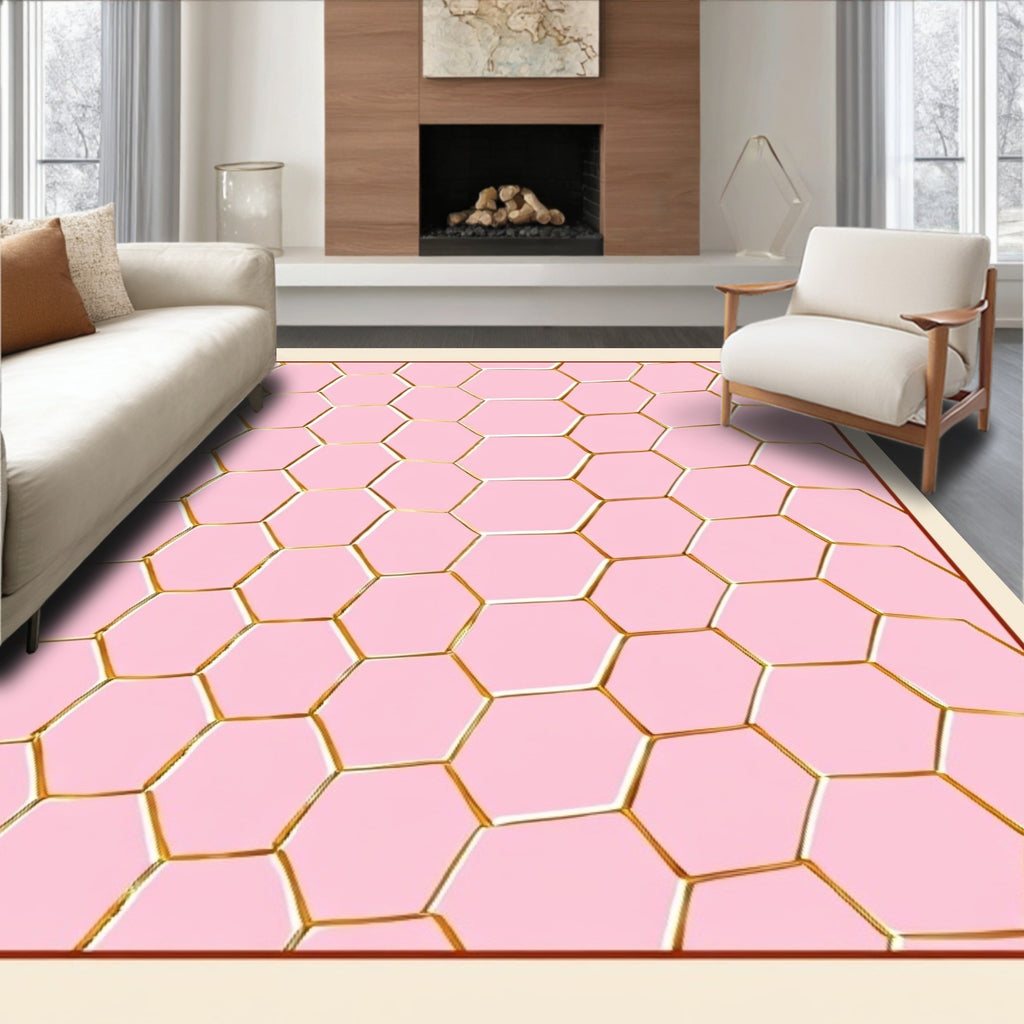 Pale Pink Gold Hexagon Contemporary Rug