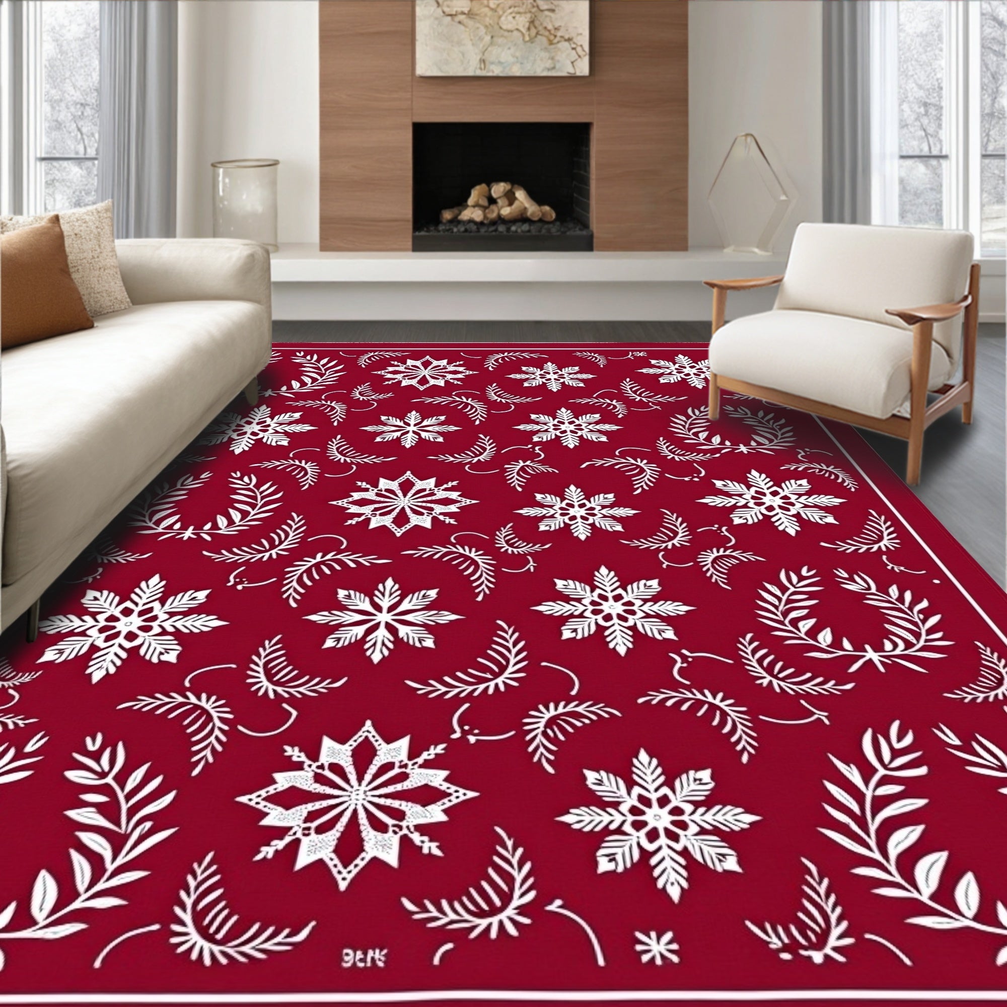 Crimson White Snowflake Laurel Garland Rug