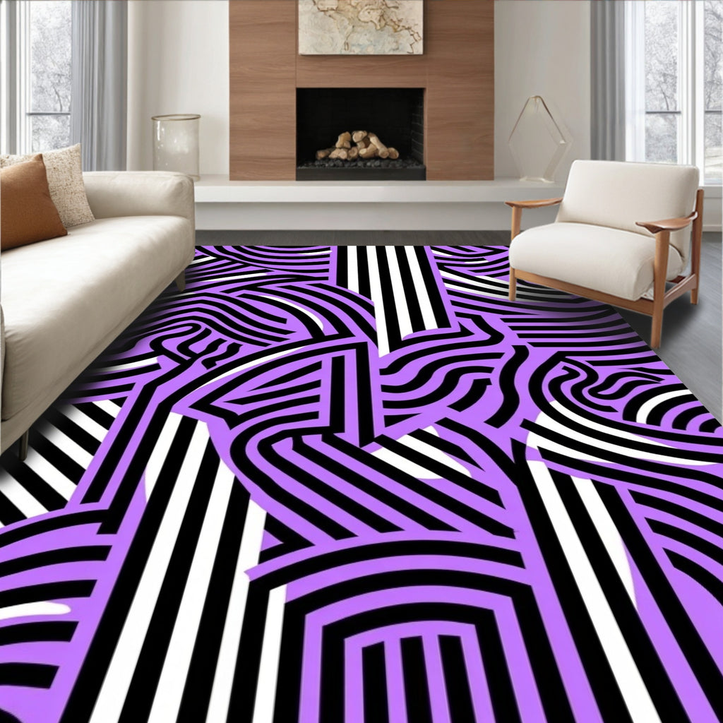 Purple Black White Wavy Stripe Overlay Rug