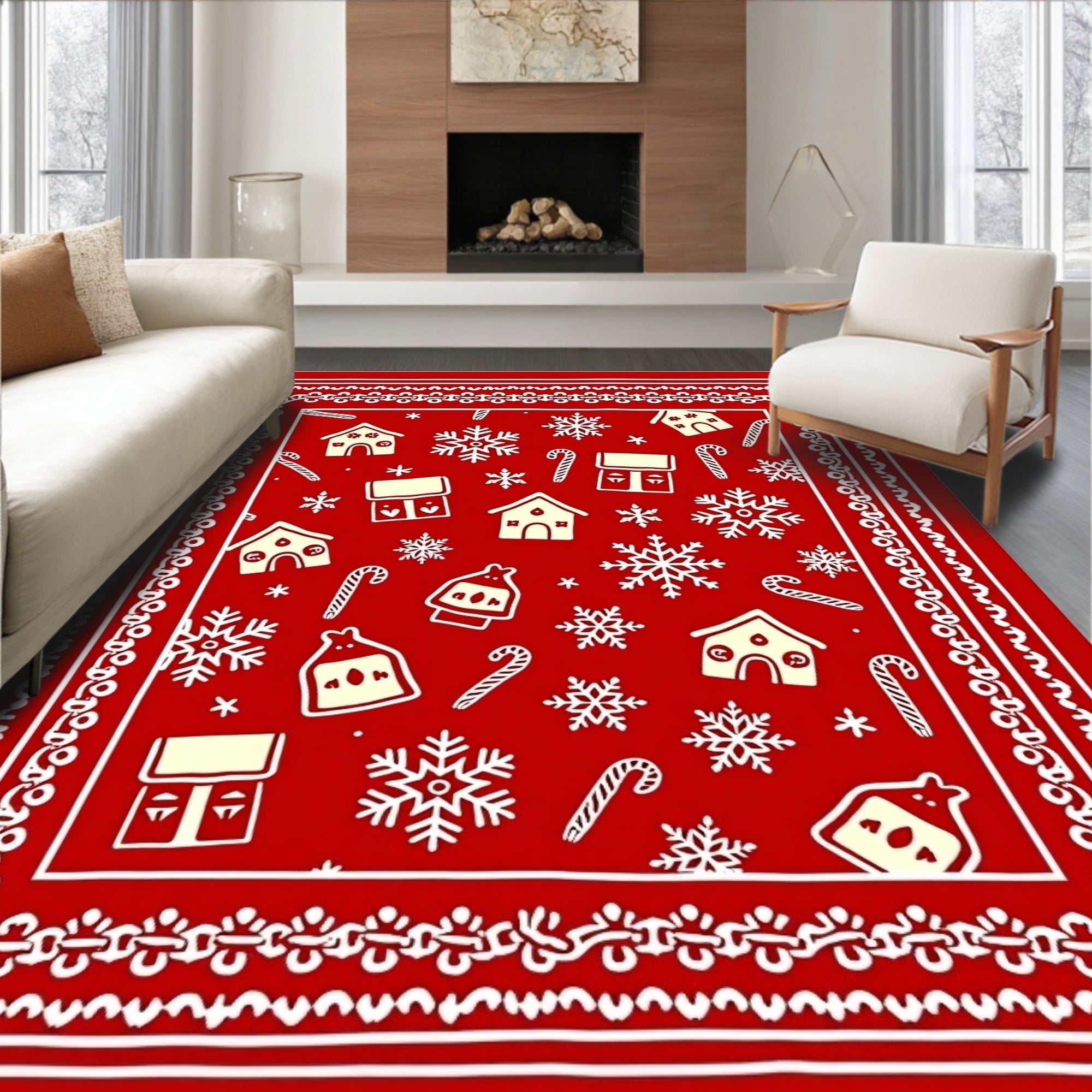 Festive Red Gingerbread Snowflakes Candy Canes Rug