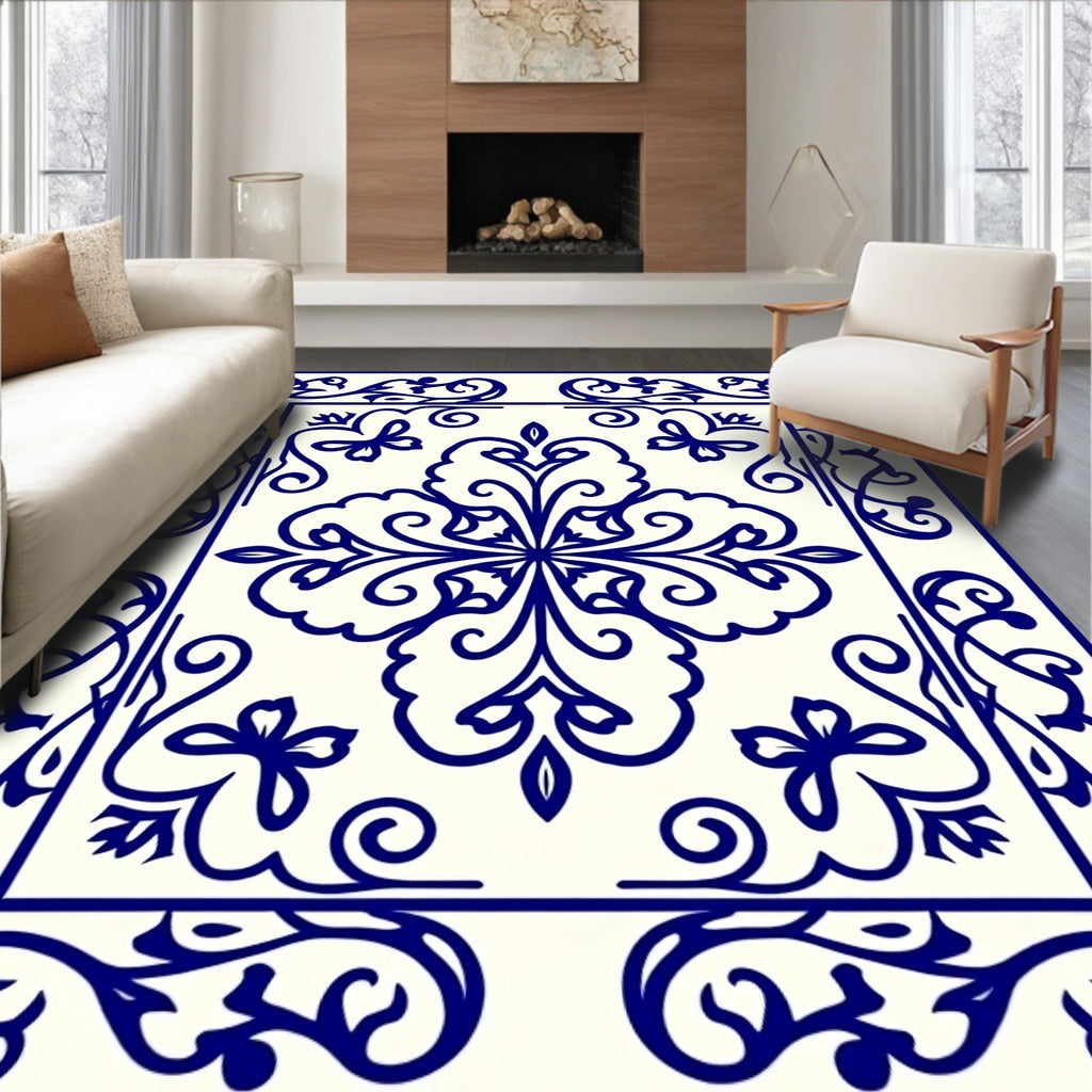 Deep Blue Floral Medallion Tile Rug