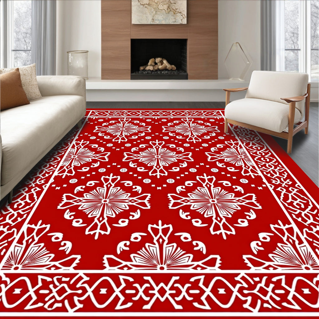 Classic Red White Floral Medallion Rug