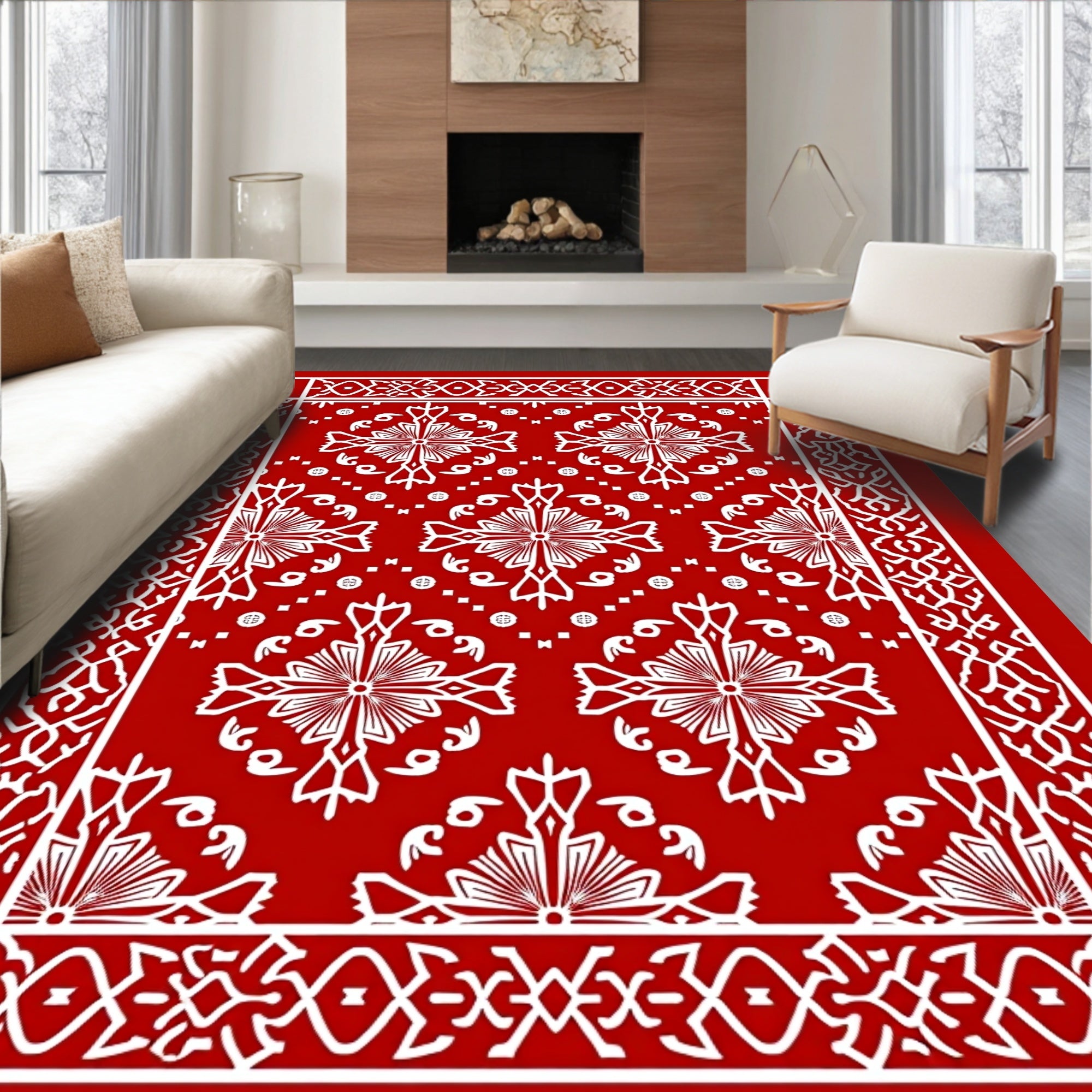 Classic Red White Floral Medallion Rug
