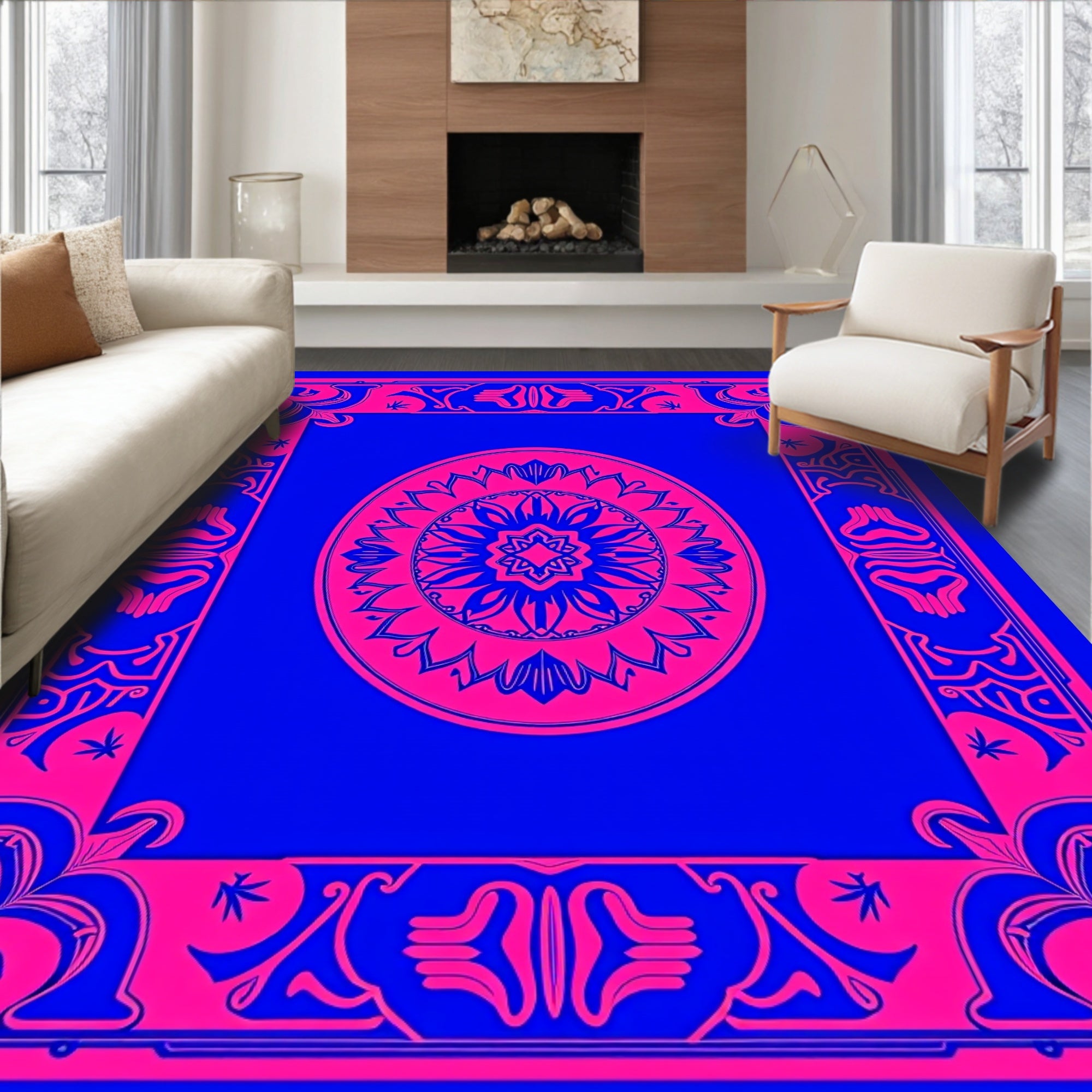 Bold Pink Floral Mandala Blue Frame Rug