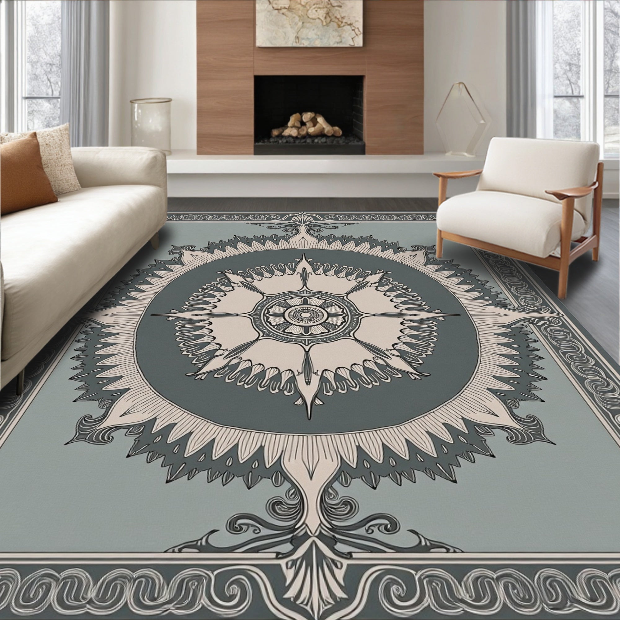 Sage Green Intricate Floral Medallion Rug