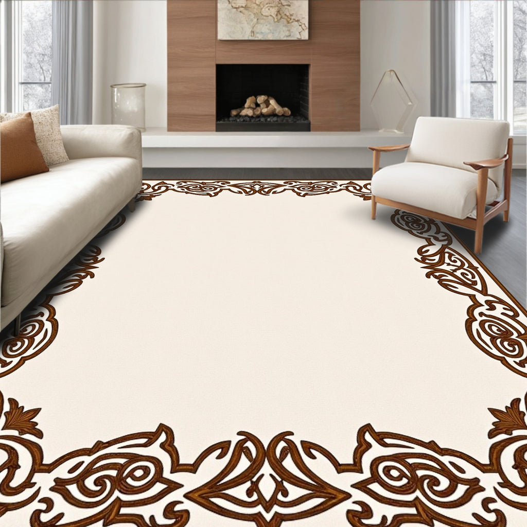 Rich Brown Scrollwork Floral Border Rug