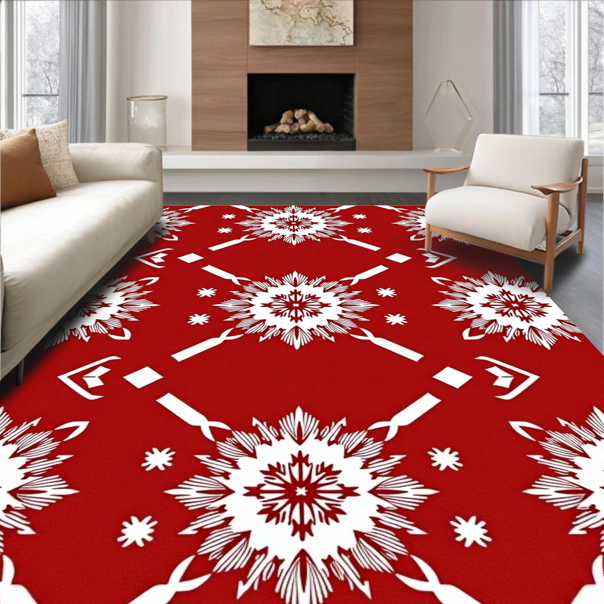 Crimson White Starburst Geometric Rug