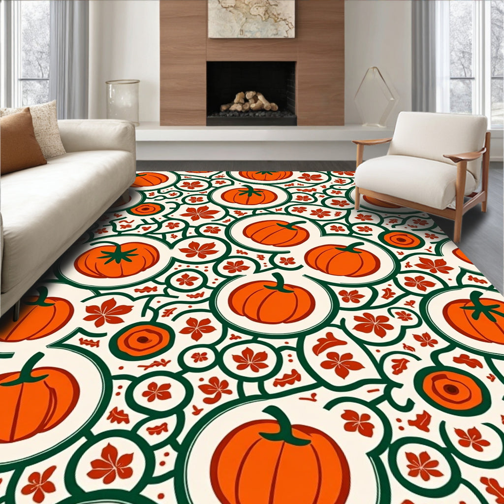 Orange Pumpkin Circles With Falling Leaves Rug