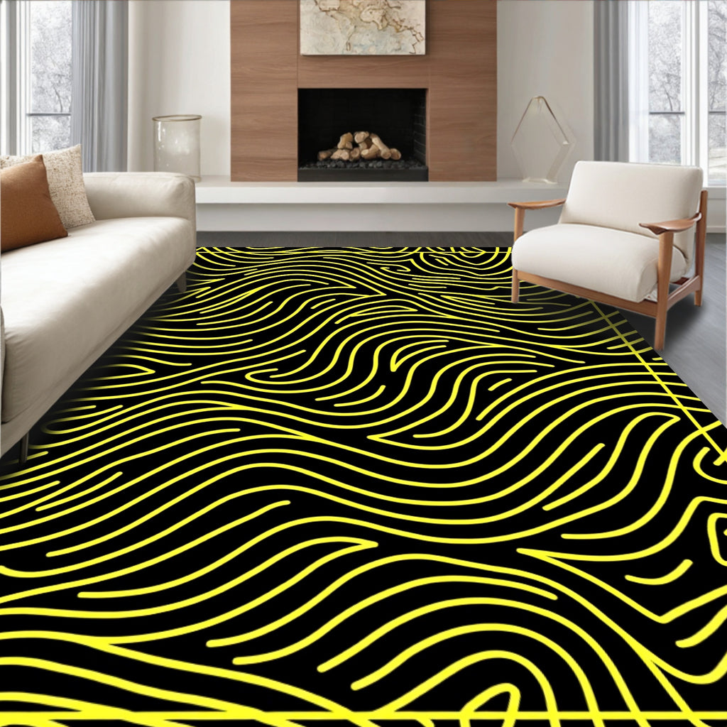 Black Yellow Wavy Lines Abstraction Rug