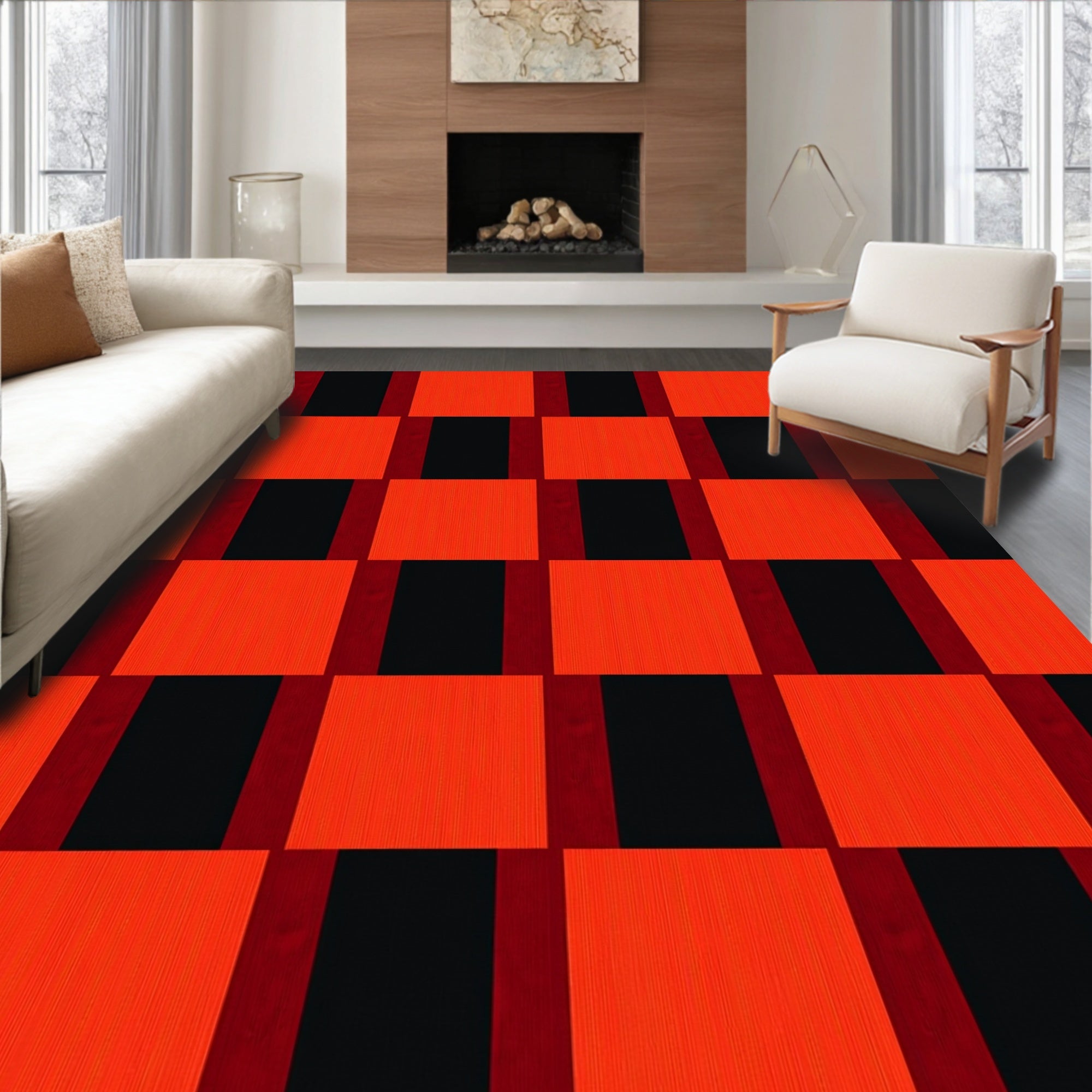 Bold Orange Black Checkered Weave Rug