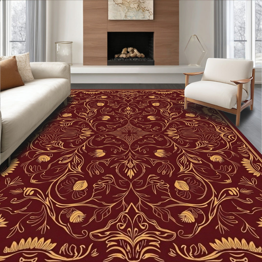 Rich Crimson Golden Floral Vine Rug