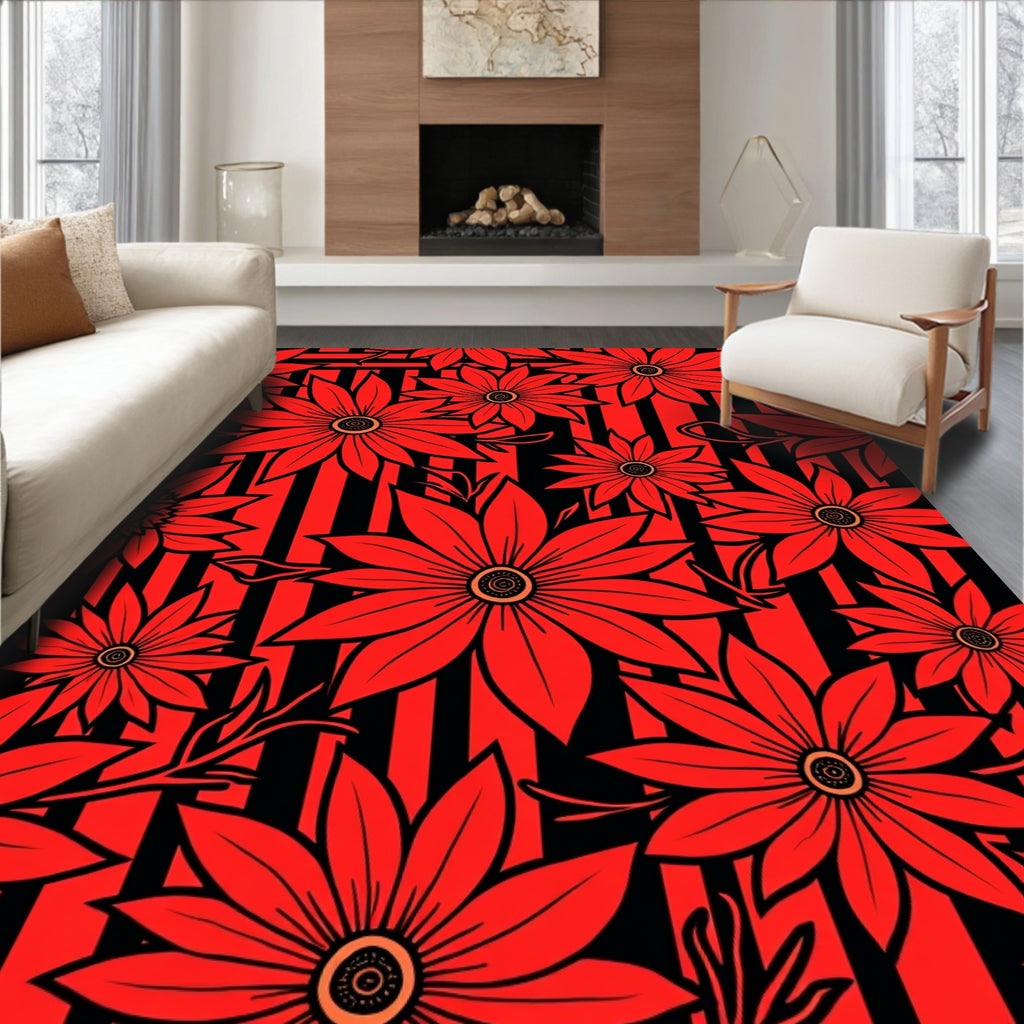 Vibrant Red Floral Stripes Rug