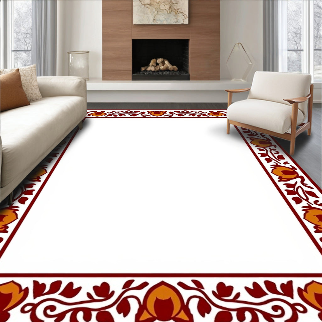 Crimson Orange Floral Vine Border Rug