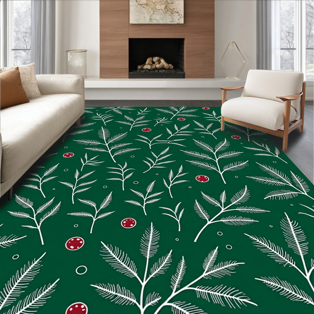 White Fir Branch Red Berry Holiday Rug