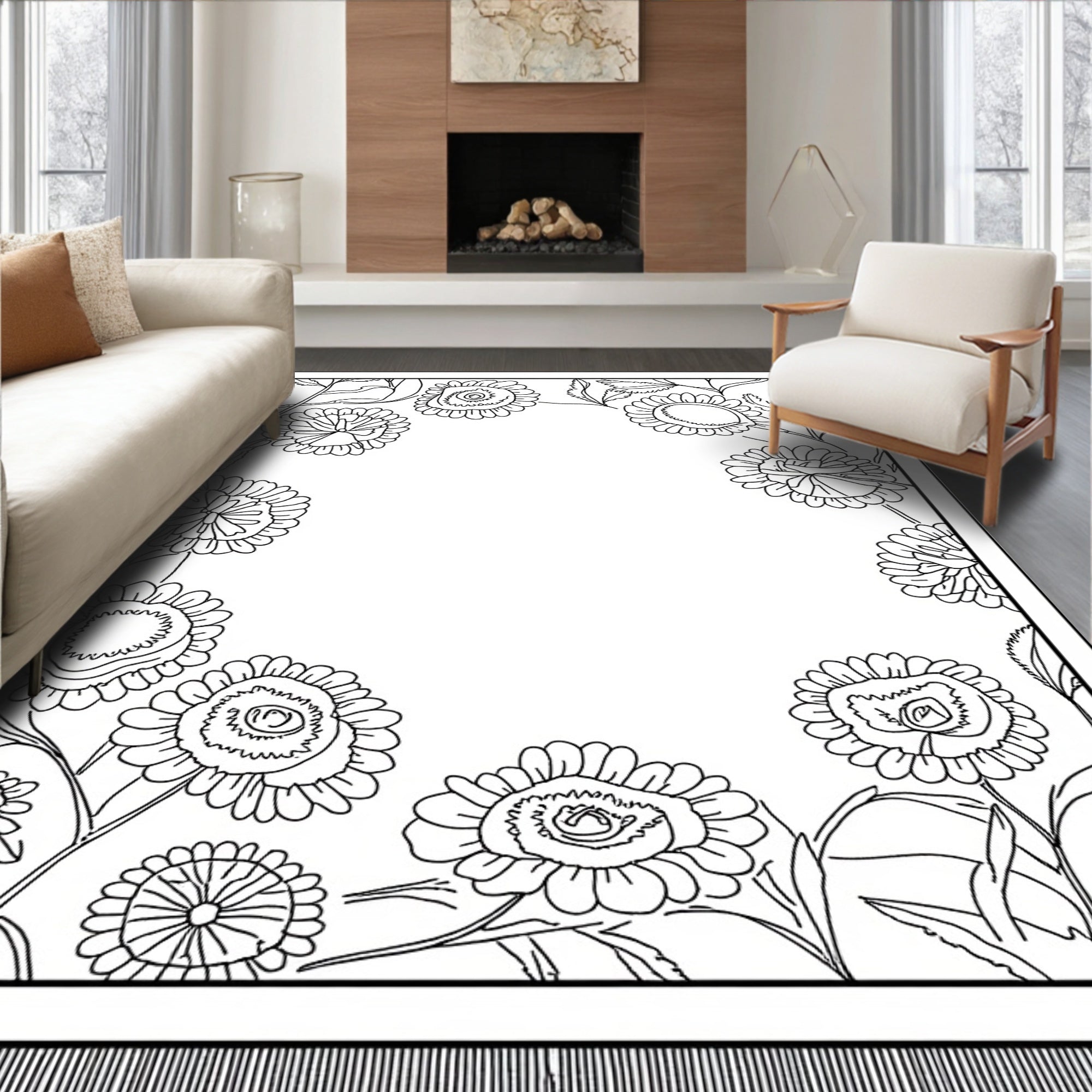 Whimsical Floral Border Black and White Rug