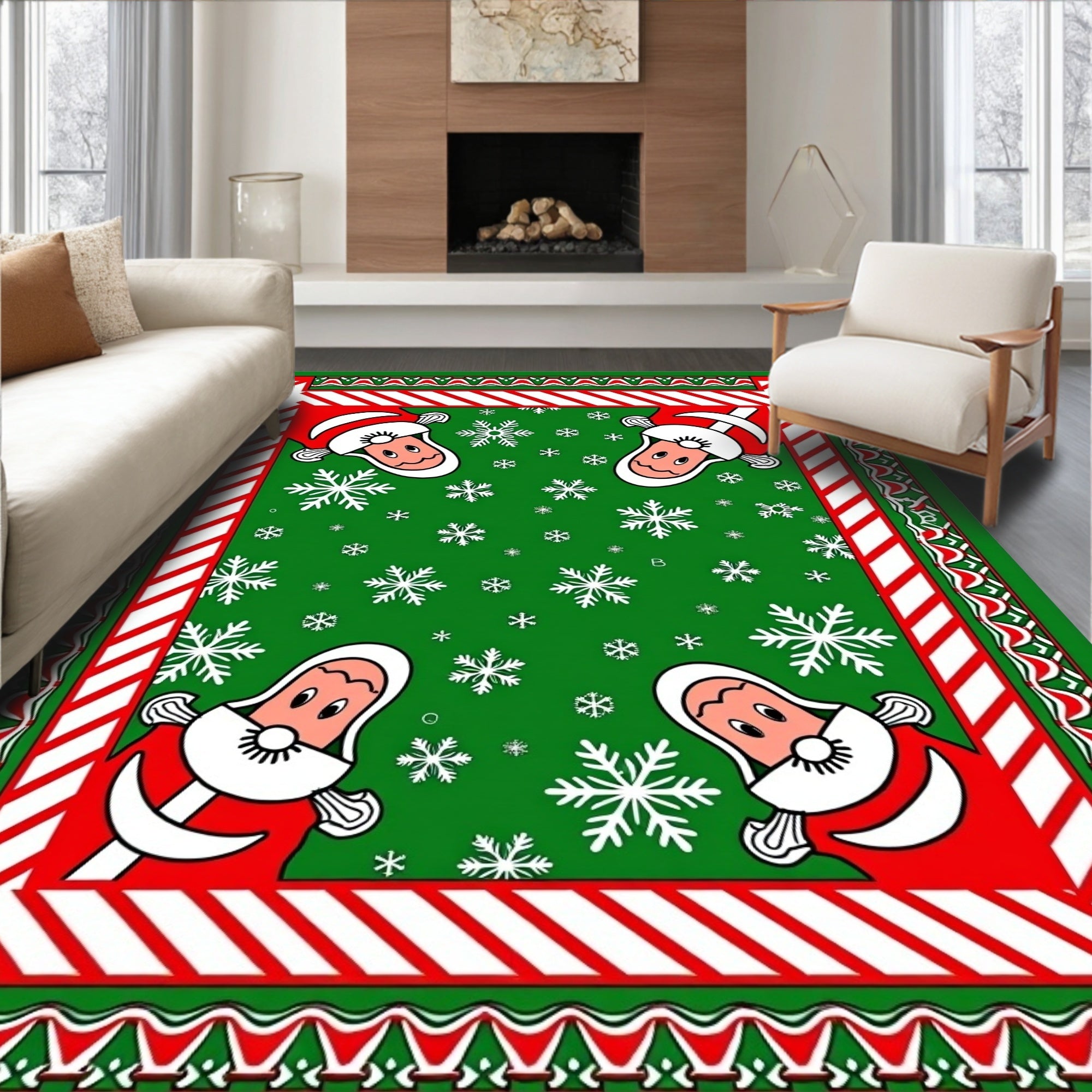 Festive Red Green Santa Snowflakes Border Rug