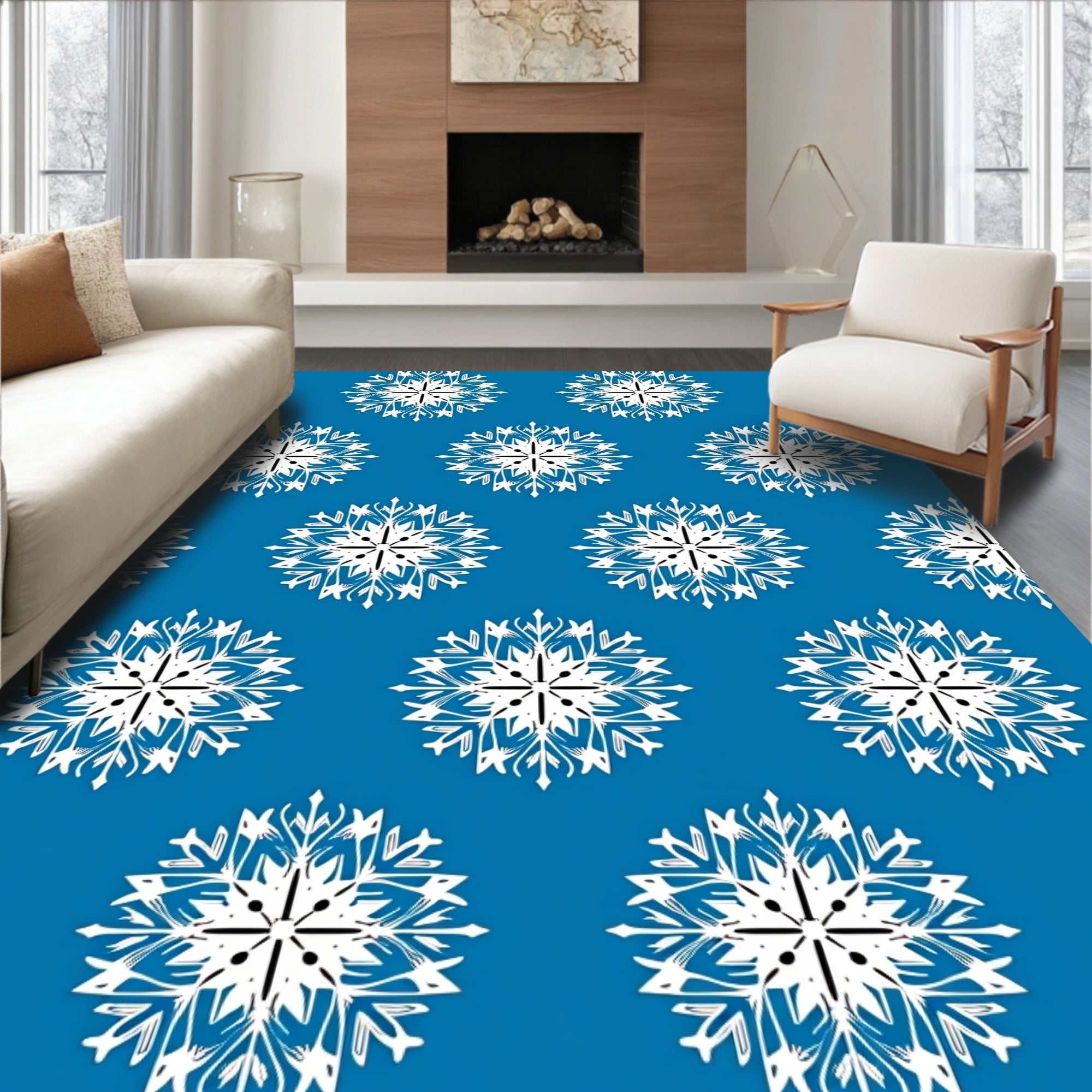 Classic Blue White Snowflake Repeat Rug
