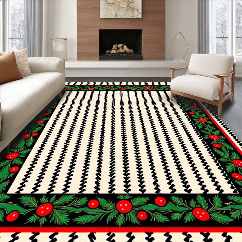 Folk Art Red Berry Floral Border Rug