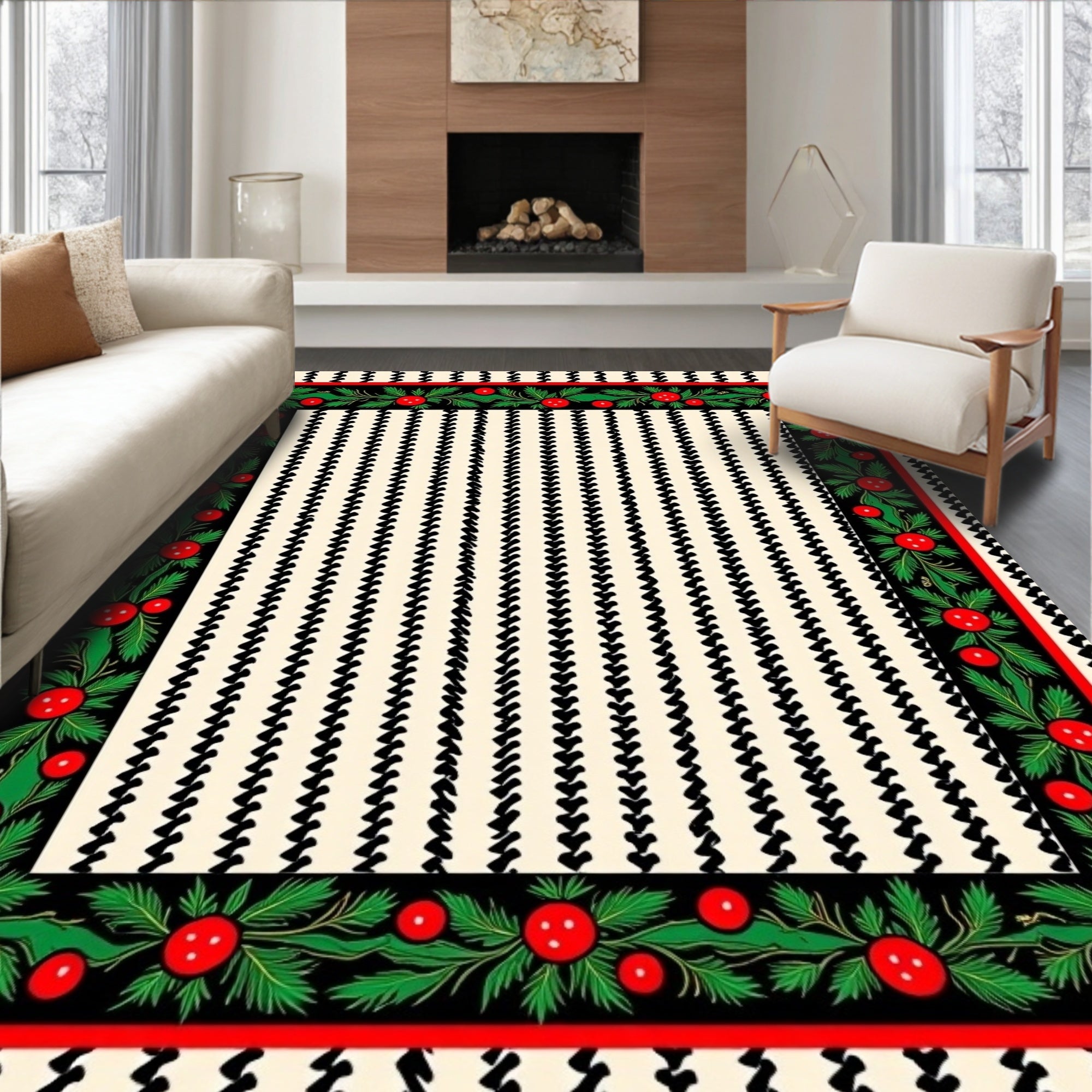 Folk Art Red Berry Floral Border Rug