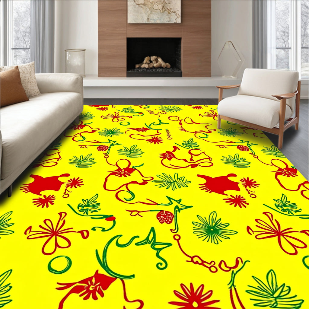 Red Green Abstract Figures Yellow Rug