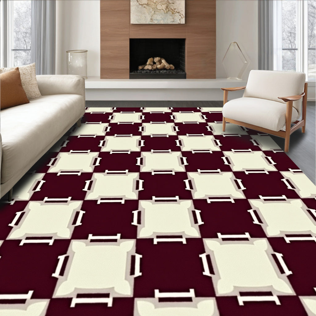 Crimson Cream Checkerboard Fretwork Rug