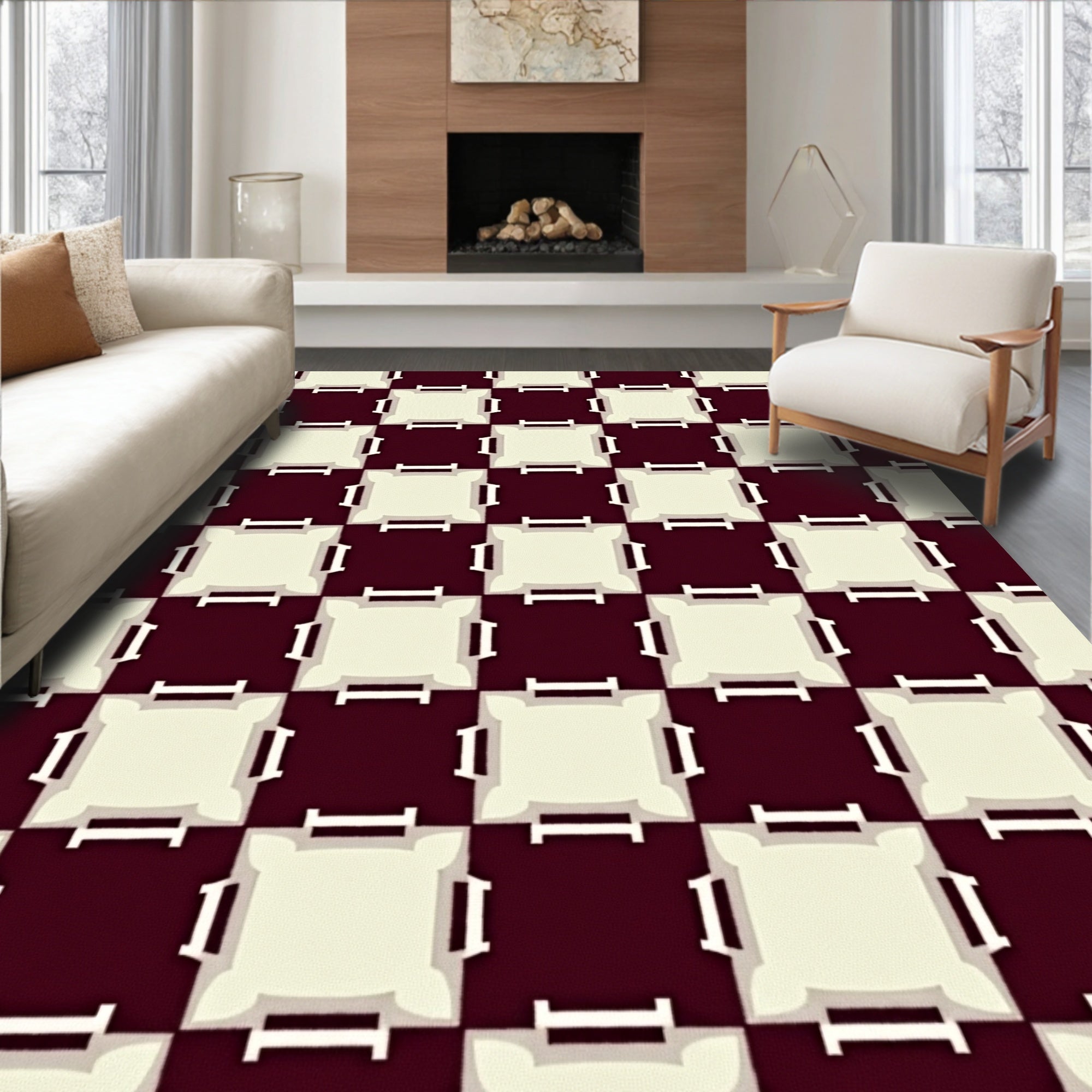 Crimson Cream Checkerboard Fretwork Rug