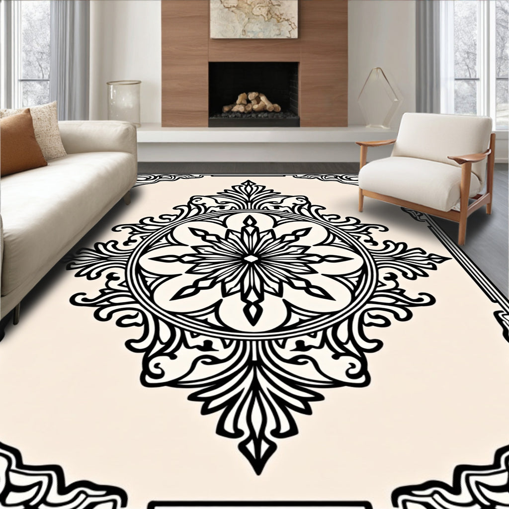 Black Cream Arabesque Medallion Border Rug