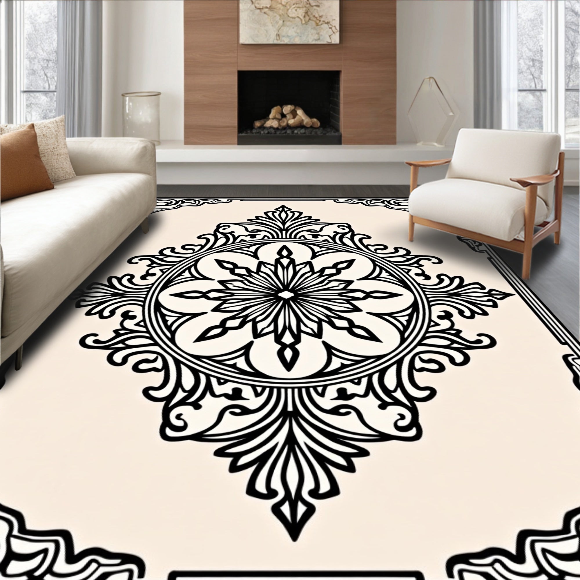 Black Cream Arabesque Medallion Border Rug