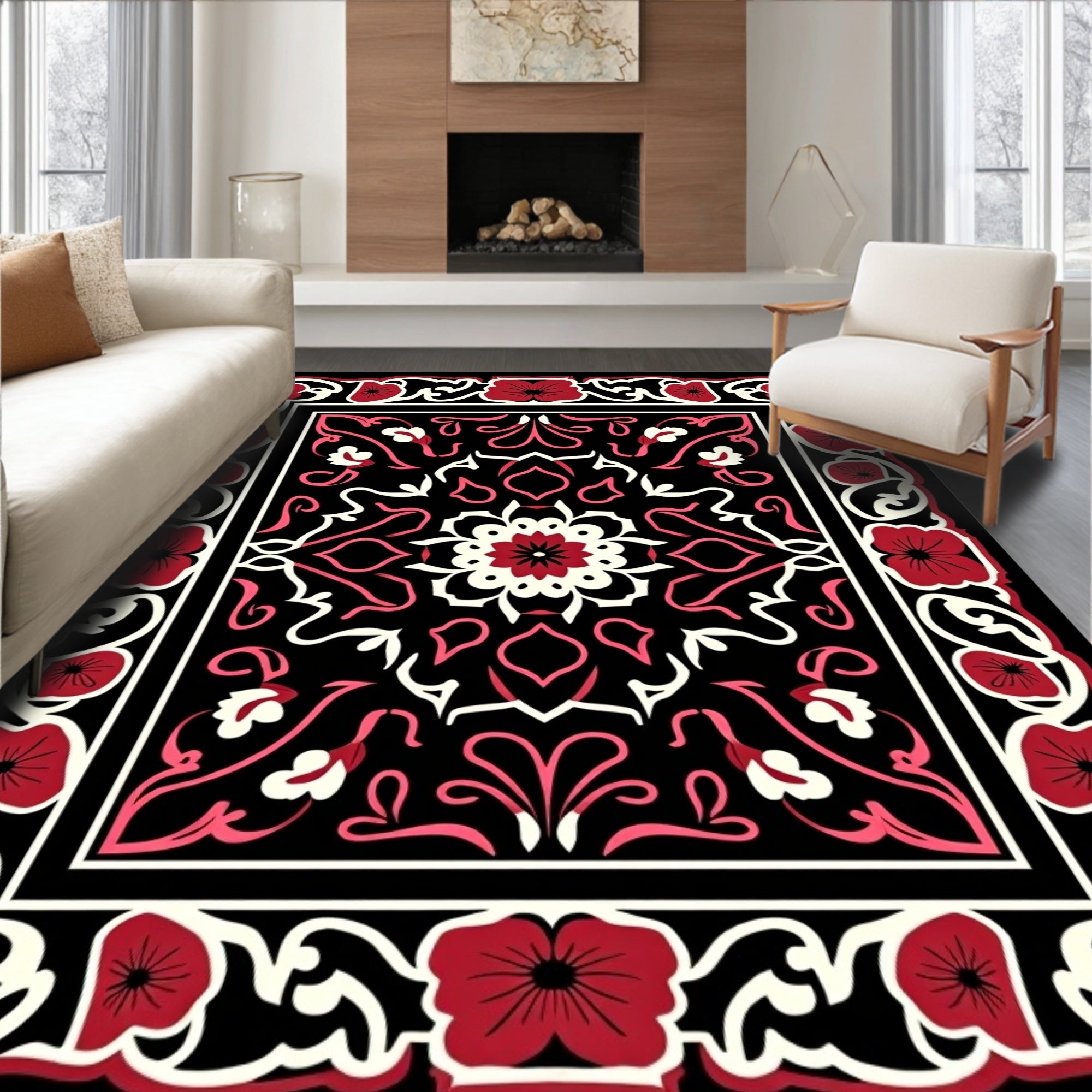 Crimson Floral Medallion Black Rug