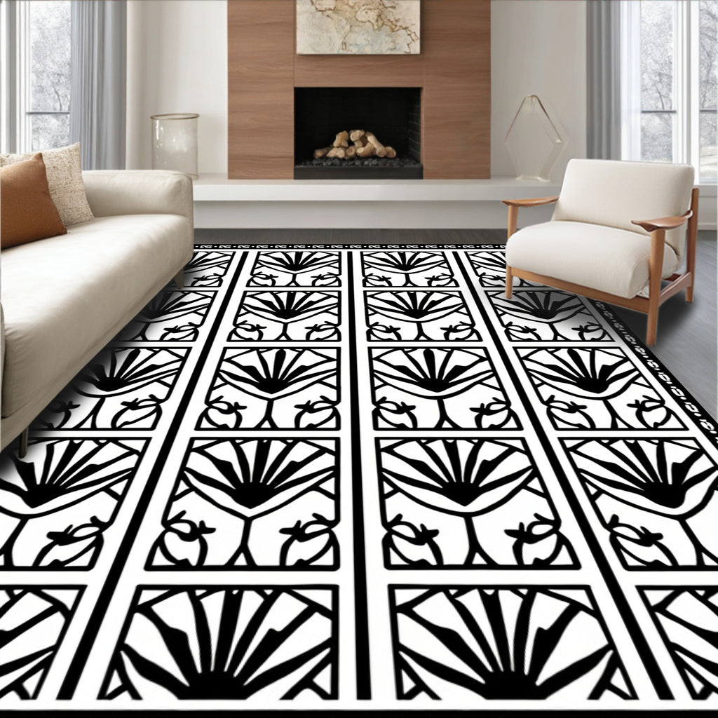 Black White Fan Geometric Border Rug