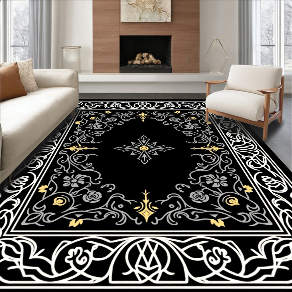 Ornate Black Floral Vine Border Rug