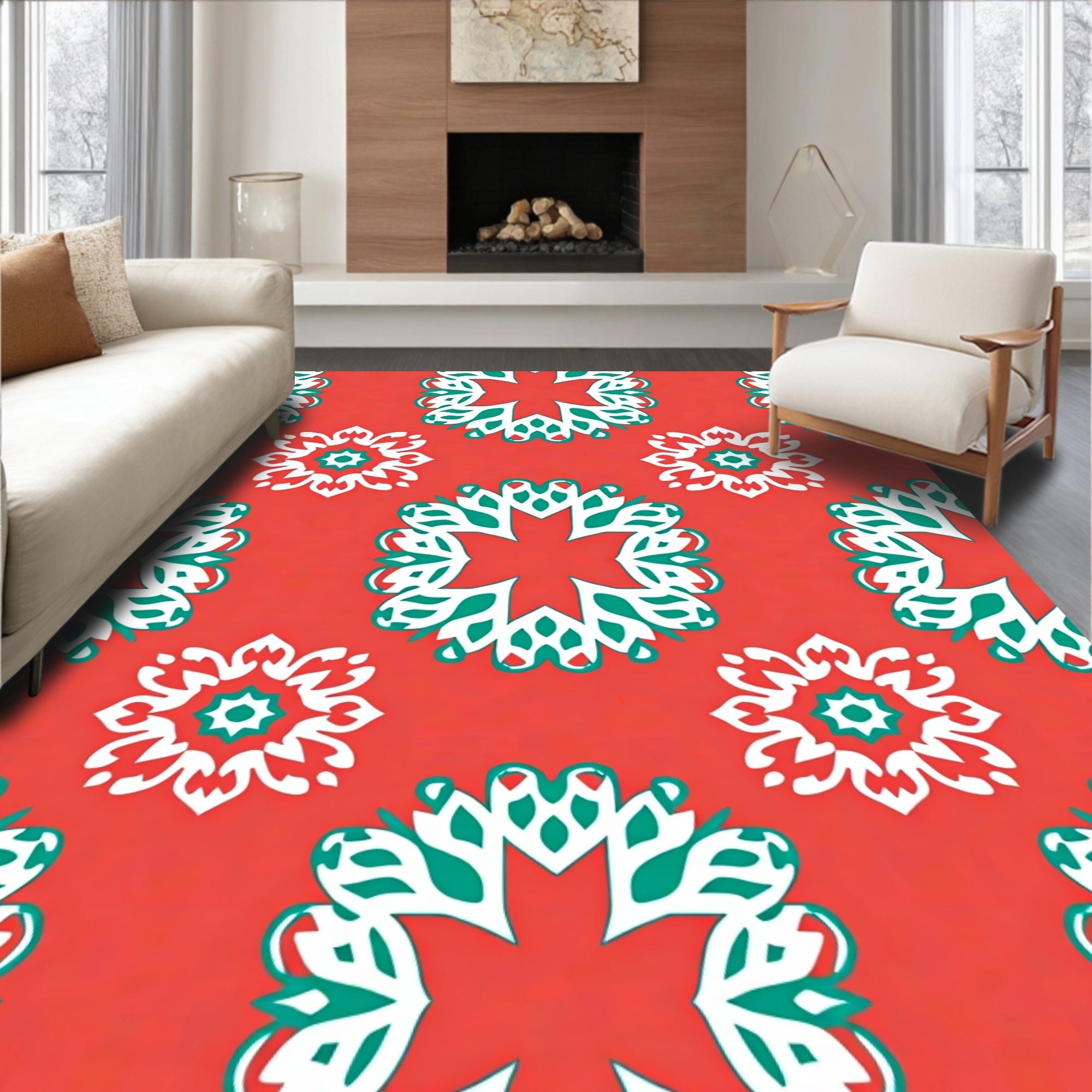 Coral Red Floral Medallion Arrangement Rug