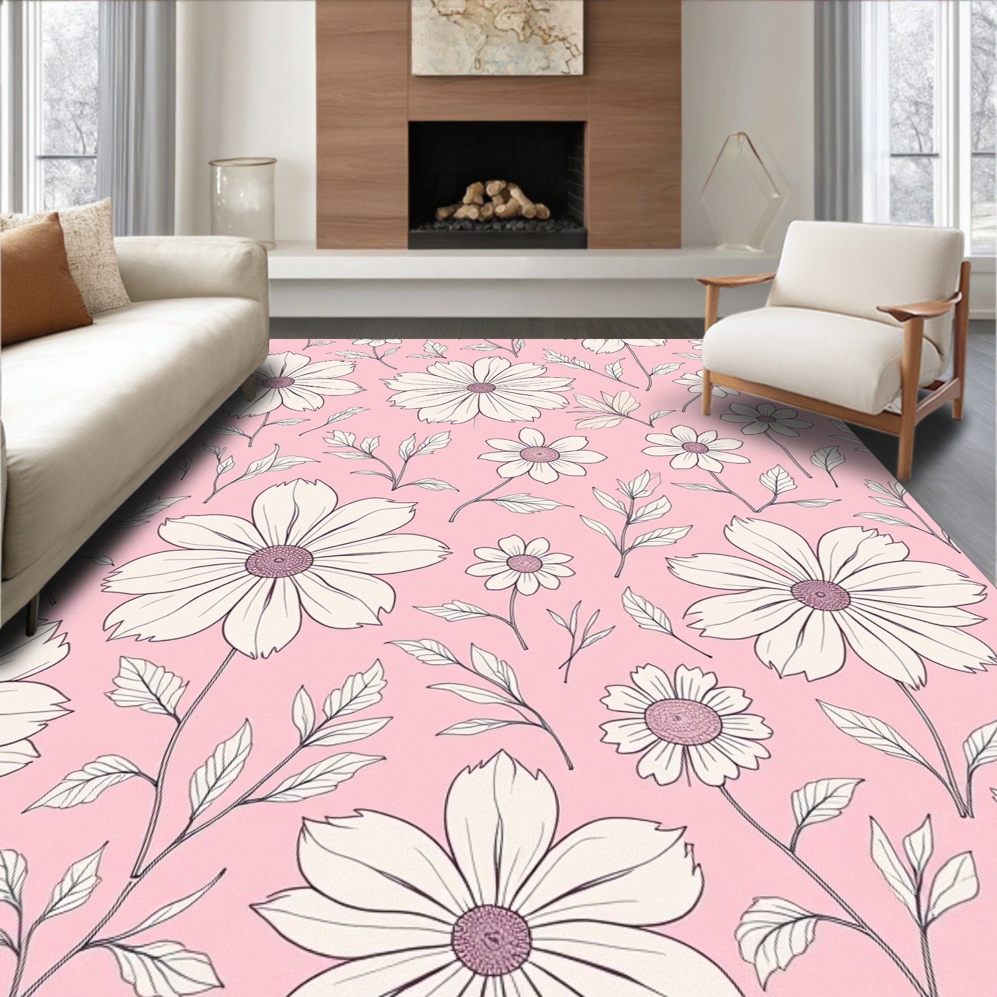 Pink Daisy Floral Arrangement Repeating Rug