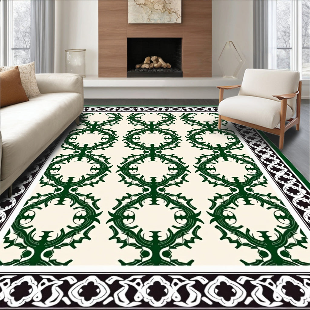Deep Green Vine Scroll Border Rug
