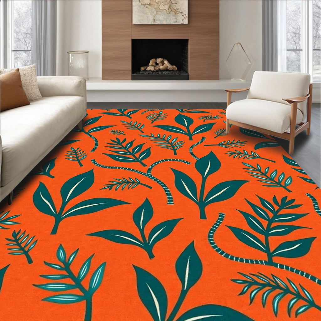 Vibrant Orange Teal Tropical Leaf Arrangement Rug